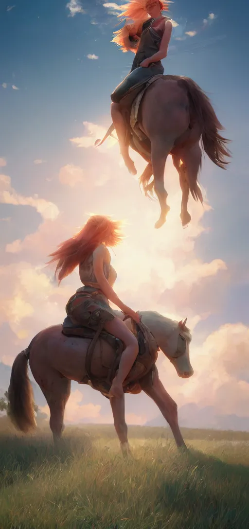 Image similar to southern ginger woman in ripped overalls riding a horse with a white mane, airbrushed, hazy, gentle, soft lighting, wojtek fus, by makoto shinkai and ilya kuvshinov,