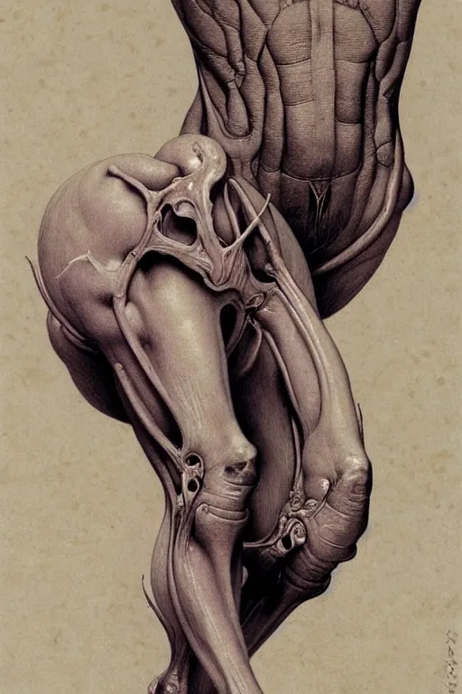 Image similar to human calf and tibia artists anatomy in the style of wayne barlowe, gustav moreau, goward, bussiere, roberto ferri, santiago caruso, luis ricardo falero, dali