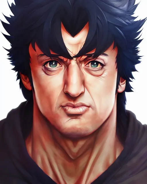 Image similar to anime portrait of Sylvester Stallone as an anime man by Stanley Artgerm Lau, WLOP, Rossdraws, James Jean, Andrei Riabovitchev, Marc Simonetti, and Sakimichan, trending on artstation