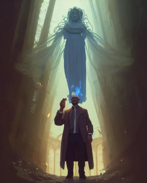 Image similar to highly detailed vfx portrait of an old and tired beppe hrillo casting a light spell, unreal engine, greg rutkowski, loish, rhads, beeple, makoto shinkai and lois van baarle, ilya kuvshinov, rossdraws, tom bagshaw, alphonse mucha, global illumination, detailed and intricate environment