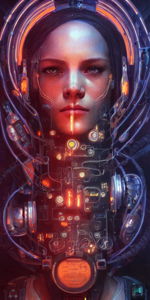 Image similar to ultra detailed photorealistic cyberpunk portrait, poster, sci fi, cybernetic, wires, robotics, futuristic decor, by alfons maria mucha, ultra realistic illustration, high detailed, 4 k, hd, high quality