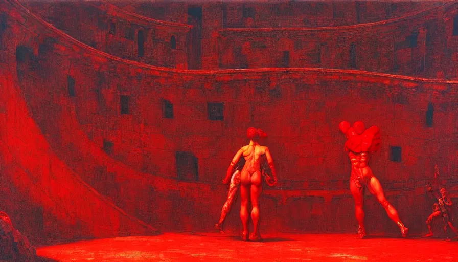 Image similar to only with red, a lightly armored gladiator in a crowded roman amphitheatre, crowd cheering, in the style of beksinski and edward hopper and rodcenko and yue minjun and artgerm, intricate and epic composition, red by caravaggio, highly detailed, masterpiece, red light, artstation, art nouveau