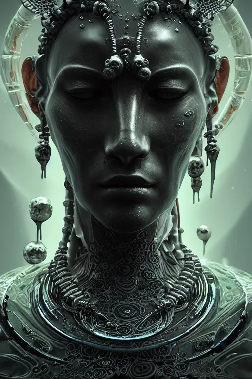 Image similar to a profile photo real render of an ancient futuristic shaman with digital modifications surrounded by a underwater ink pour and flowing liquid gallium and complex sacred geometry, perfect body and face, powerful, cinematic, beautifully lit, by artgerm, by karol bak, 3 d, trending on artstation, octane render, 8 k