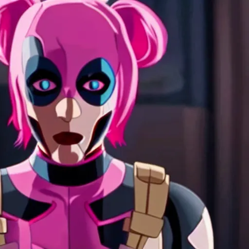 Image similar to A still of Gwenpool in Deadpool 3 (2023), no mask, blonde hair with pink highlights