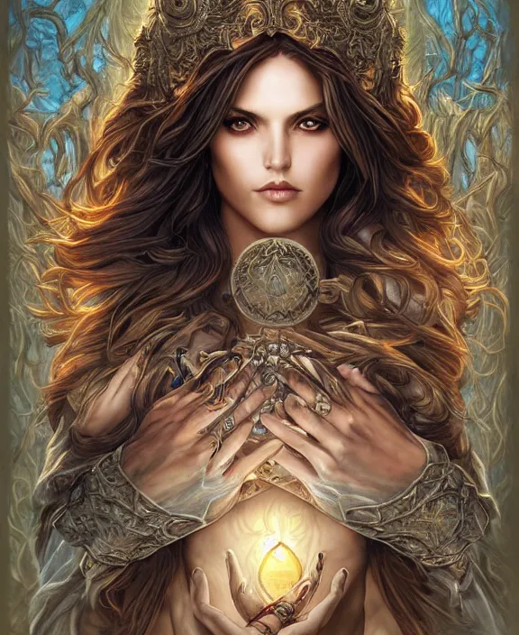 Prompt: a highly detailed symmetrical painting of a sorceress with piercing beautiful eyes, spring tundra setting, dynamic lighting, ambient lighting, deviantart, art by mark brooks and artgerm and karol bak