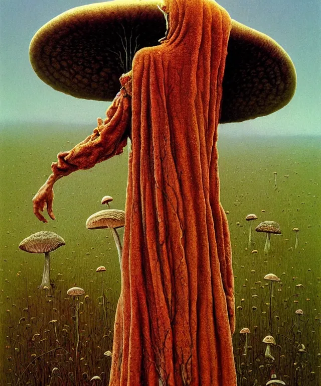 Image similar to A detailed funguswoman stands among the mushroom fields. Wearing a ripped mantle, robe. Perfect faces, extremely high details, realistic, fantasy art, solo, masterpiece, art by Zdzisław Beksiński, Norman Rockwell, Dariusz Zawadzki