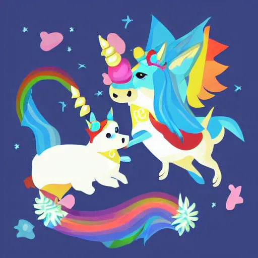 Prompt: vector illustration of a corgi riding a unicorn, detailled vector illustration, digital art, artstation