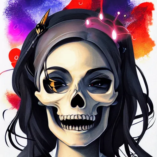 Image similar to anime manga skull portrait young woman skeleton, pokemon, artgerm, painterly, graffiti, key lighting, art by jc leyendecker and sachin teng