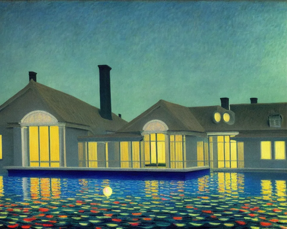 Image similar to achingly beautiful painting of a sophisticated, well - decorated pool house at night by rene magritte, monet, and turner.