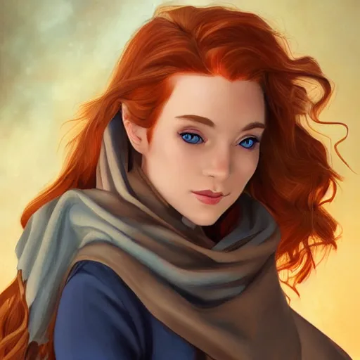 Image similar to a portrait of a young woman with auburn hair, smart, rich, traveling clothes, artist, artistic, shallan davar, blue eyes, beautiful, smiling, thick hair, dnd, rpg, shy, quick witted, artgerm style