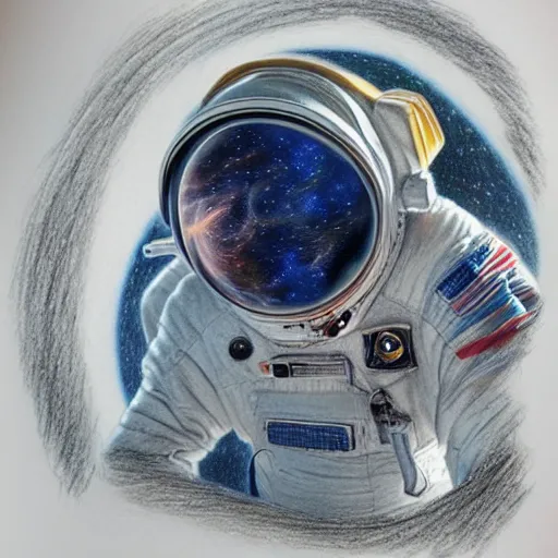 Image similar to highly detailed color pencil drawing of an astronaut drifting in space