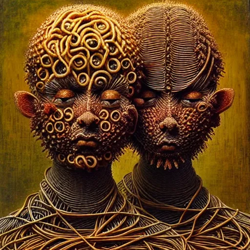 Image similar to siamese twins made of spaghetti, intricate armor made of spaghetti fractals, ancient warrior, samurai style, by giuseppe arcimboldo and ambrosius benson, renaissance, intricate and intense oil paint, a touch of beksinski, realistic