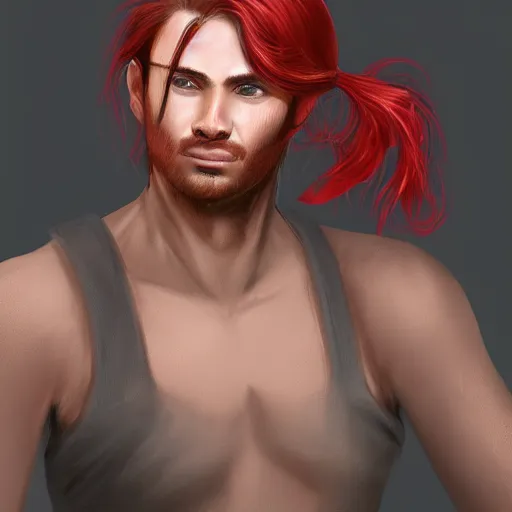 Image similar to portrait, 30 years old man :: burned face :: red hair ponytail :: high detail, digital art, RPG, concept art, illustration, Deviantart