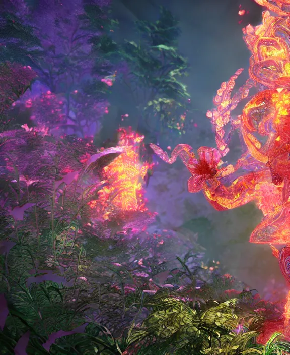 Image similar to intricate transparent clear see - through image of fire, lush botany, robotic environment, colorful psychedelic, ultra realistic, concept art, art nouveau, photorealistic, octane render, 8 k, unreal engine. art by nori inoguchi and sam kaplan and zachary goulko and christopher marley