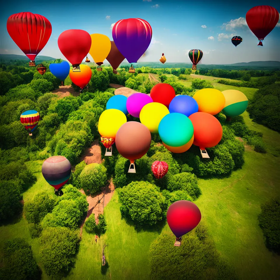 Image similar to large colorful balloons with people on rope swings underneath, flying high over the beautiful countryside landscape, professional photography, 8 0 mm telephoto lens, realistic, detailed, digital art, unreal engine