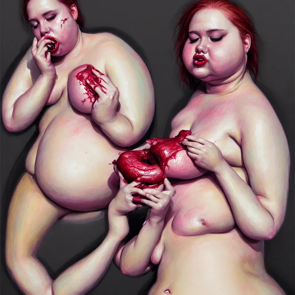 Prompt: bright realistic obese anorexic eating herself to death, fat and skinny, diffuse lighting, fantasy, intricate, elegant, highly detailed, lifelike, photorealistic, digital painting, artstation, illustration, concept art, smooth, sharp focus, art by francis bacon