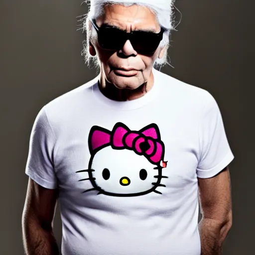 Image similar to photograph of Karl Lagerfeld wearing a hello kitty tshirt , highly detailed, 8k, cinematic,