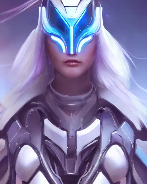 Image similar to perfect android girl on a mothership, warframe armor, beautiful face, scifi, futuristic, galaxy, nebula, raytracing, dreamy, long white hair, blue cyborg eyes, sharp focus, cinematic lighting, highly detailed, artstation, divine, by gauthier leblanc, kazuya takahashi, huifeng huang