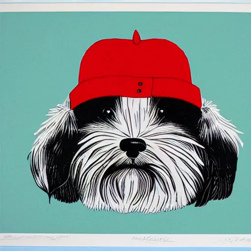 Image similar to Tlingit Haida lithographic, havanese dog red and black white only, lithograph print