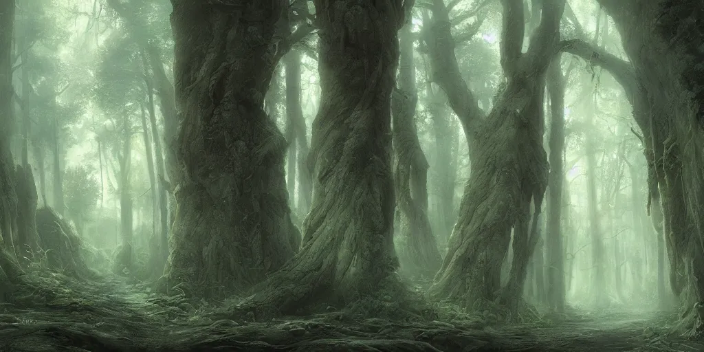 Image similar to artwork of the narrow woods, by john howe & tim white & les edwards, exquisite lighting, clear focus, highly detailed, cinematic view, trending on artstation, exquisite