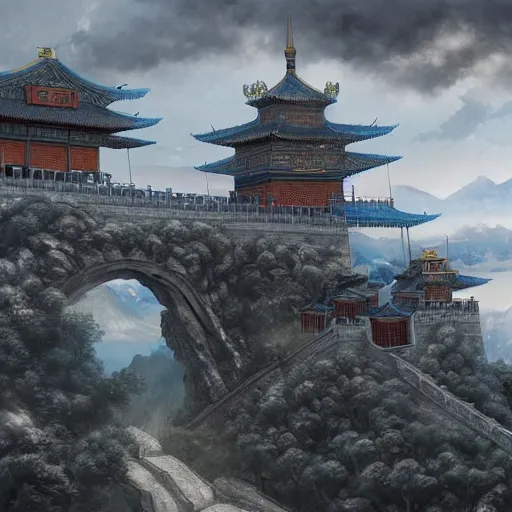 Image similar to dynamic composition, motion, ultra-detailed, incredibly detailed, a lot of details, amazing fine details and brush strokes, colorful and grayish palette, smooth, HD semirealistic anime CG concept art digital painting, watercolor oil painting of epic castle gate, from Three Kingdoms, by a Chinese artist at ArtStation, by Huang Guangjian, Fenghua Zhong, Ruan Jia, Xin Jin and Wei Chang. Realistic artwork of a Chinese videogame, gradients, gentle an harmonic grayish colors.