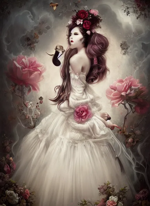 Image similar to pop surrealism, lowbrow art, realistic cute bride white gown girl painting, japanese street fashion, hyper realism, muted colours, rococo, natalie shau, loreta lux, tom bagshaw, mark ryden, trevor brown style,