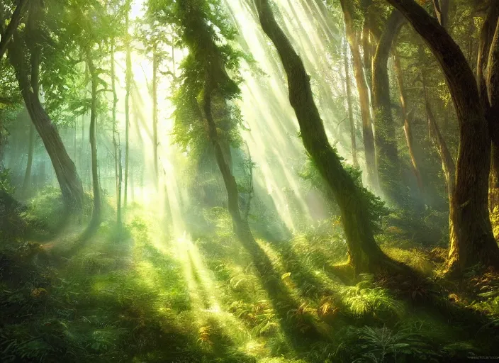 Prompt: a hyper-detailed oil painting of a fantasy forests with rays of light coming through the canopy; an extraordinary masterpiece!!!; flawless; photorealistic; trending on artstation; f/1.4; 90mm