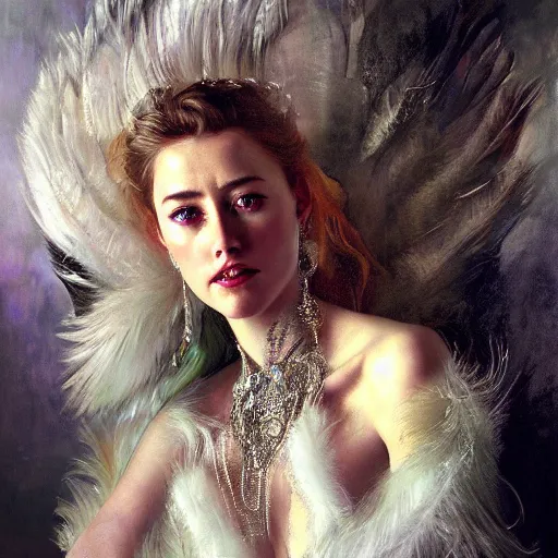 Image similar to hyperrealistic portrait of a woman as amber heard as the winter witch wearing white swan dress long feathers and sapphire jewellery by jeremy mann and alphonse mucha, fantasy art, photo realistic, dynamic lighting, artstation, poster, volumetric lighting, very detailed faces, 4 k, award winning