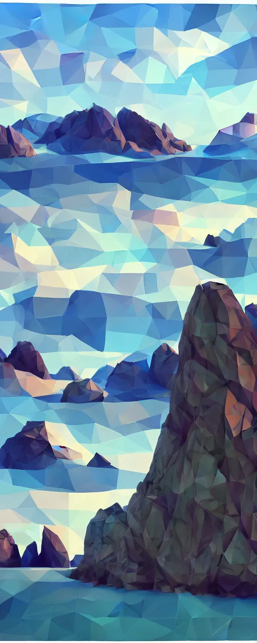 Image similar to super detailed color cutout lowpoly art, northern sunset with rocks on front, monochrome photorealistic bay in the middle of perspective and mountains at background, big graphic vessel in the middle of composition, unreal engine, high contrast color palette, 3 d render, lowpoly, colorful, digital art, perspective, full volume composition, robb cobb, robert mccall, syd mead