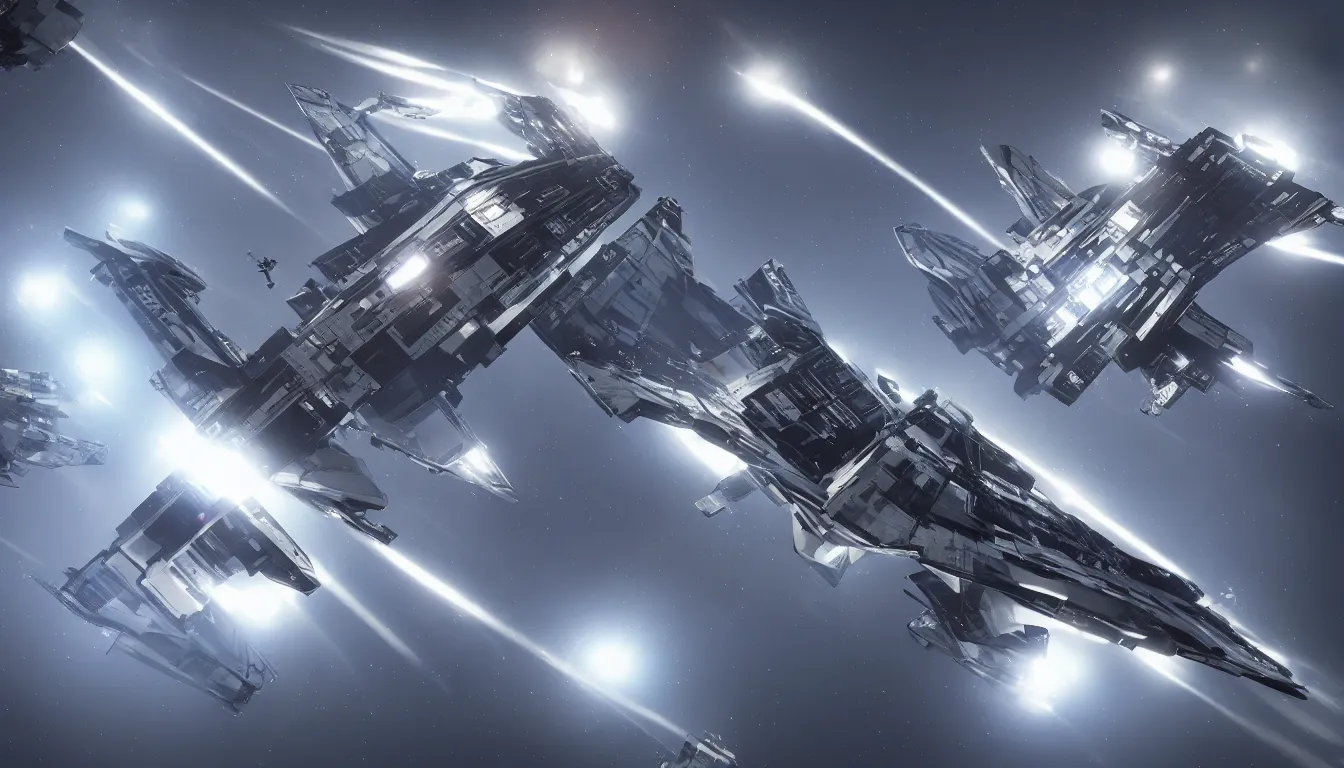 Image similar to Police Space Fighter with lights on, photorealistic, cinematic