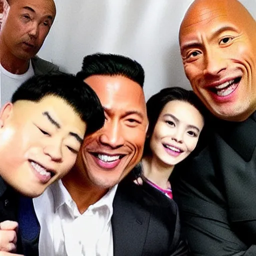 Image similar to dwayne the rock johnson and kim jong - un, selfie, phone photo,