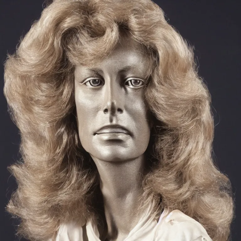 Image similar to studio photograph of colorful postmodern portrait sculpture of farrah fawcett on charlie's angels, beautiful symmetrical!! face accurate face detailed face realistic proportions, made of ink - stained beeswax on a pedestal by ron mueck and matthew barney and greg rutkowski, hyperrealism cinematic lighting shocking detail 8 k