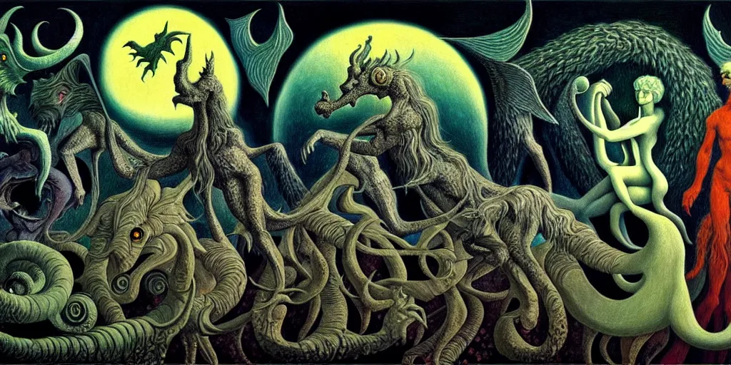 Image similar to mythical creatures and monsters in the imaginal realm of the collective unconscious, in a dark surreal painting by johfra, mc escher and ronny khalil