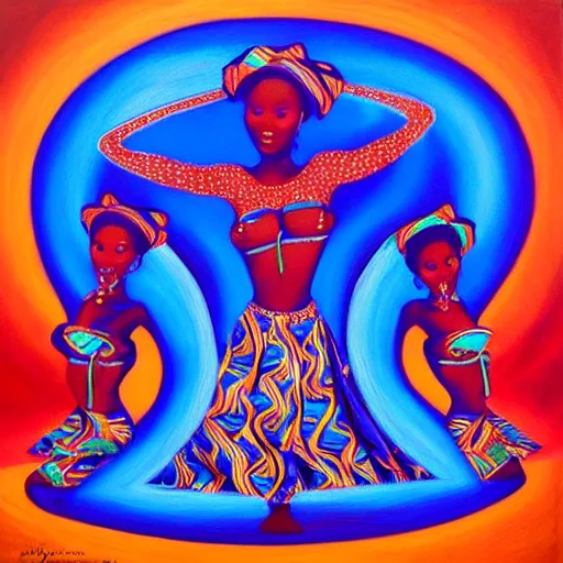 Image similar to african women dancing around a blue glowing portal to another dimension by amanda sage, oil on canvas, trending on artstation