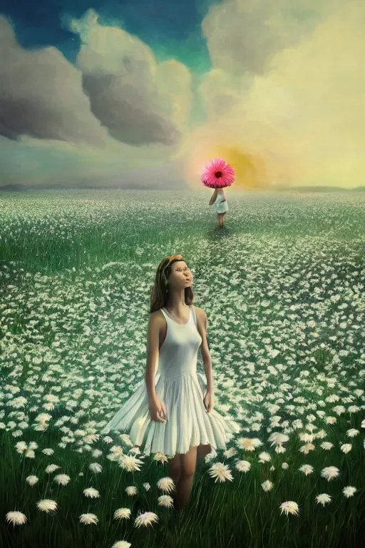 Image similar to giant white daisy flower as head, body girl dancing in a flower field, surreal photography, sunrise, dramatic light, impressionist painting, colorful clouds, digital painting, artstation, simon stalenhag