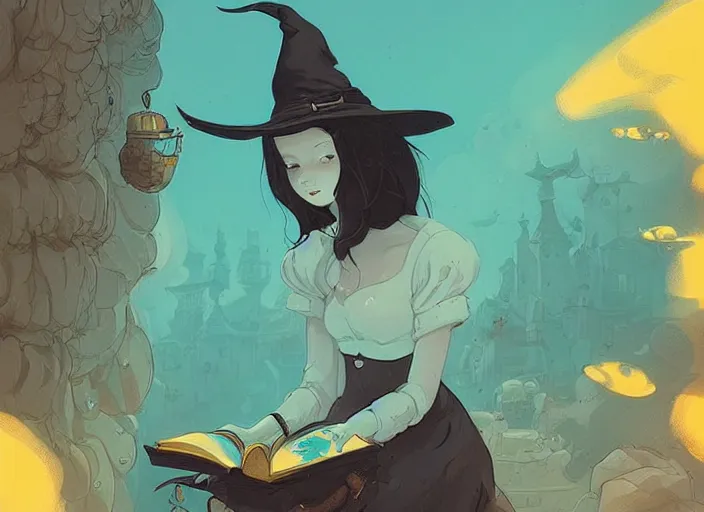 Prompt: highly detailed a little witch opening a book art by ghailan, james gilleard, by joe fenton, by greg rutkowski, by greg tocchini, by kaethe butcher, 4 k resolution, gradient yellow, black, brown and cyan color scheme, grunge aesthetic!!!