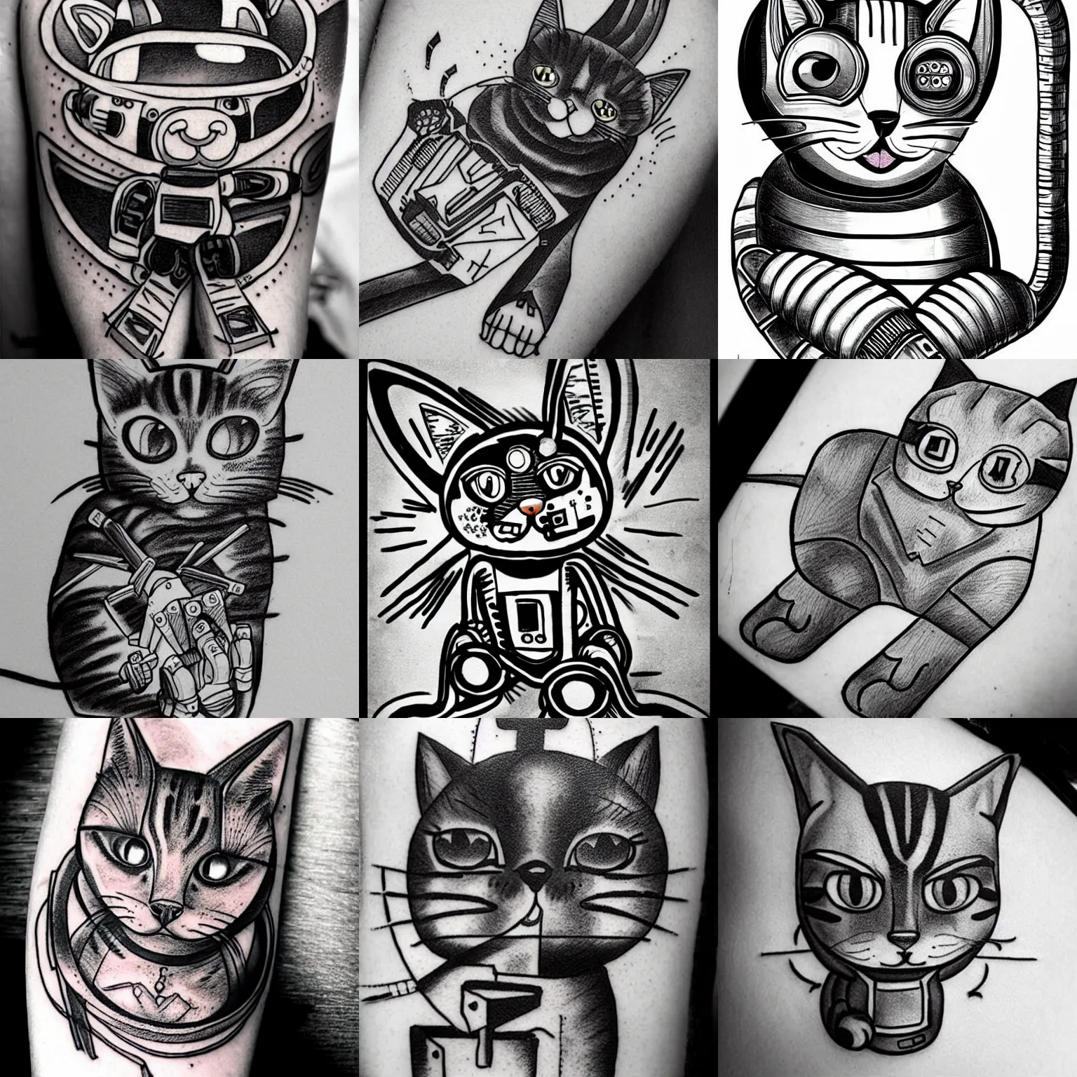 Prompt: artwork of a cat playing with a robot, tattoo, line art, outline, bold, beautiful, striking, stick and poke, black and white