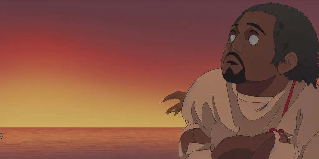 Image similar to kanye west in a studio ghibli movie, movie still frame, anime art style, studio ghibli, 4 k, 8 k