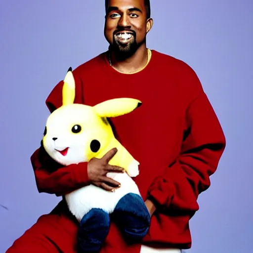 Image similar to kanye west smiling holding pikachu for a 1 9 9 0 s sitcom tv show, studio photograph, portrait c 1 2. 0