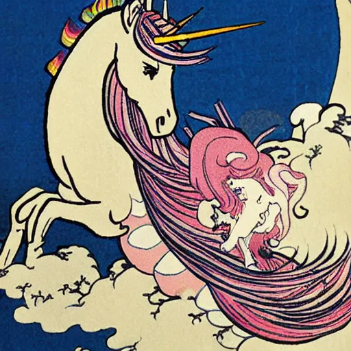 Image similar to A unicorn with rainbow color by Katsushika Hokusai