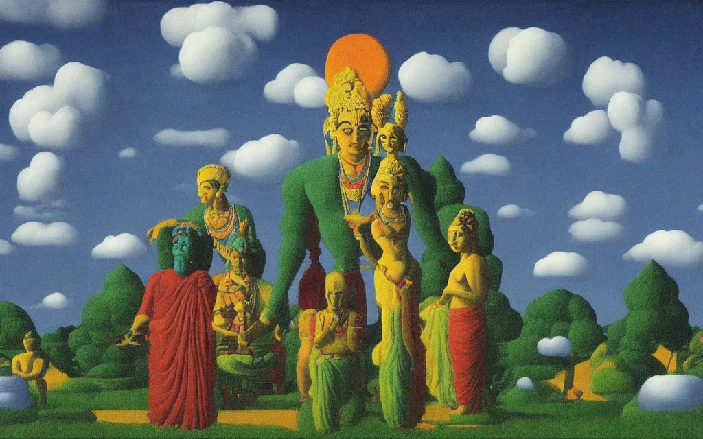 Image similar to hindu god gashi in golden meadow, detailed painting by rene magritte