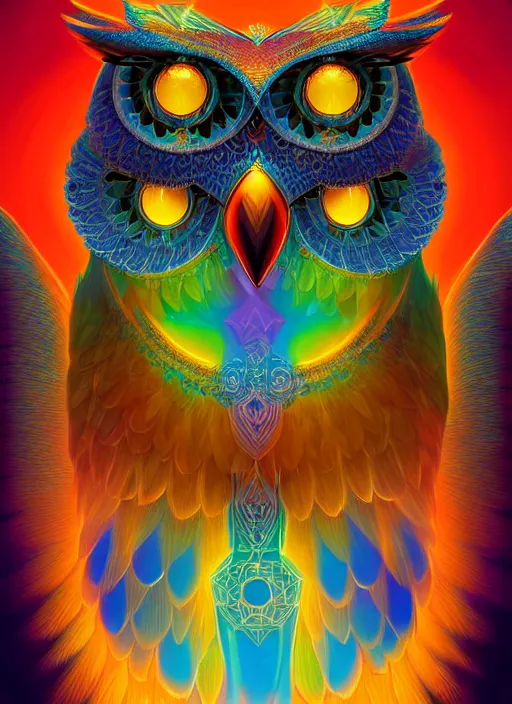 Image similar to symmetry!! product render poster vivid colors divine proportion owl, 神 圣, glowing fog intricate, elegant, highly detailed, digital painting, artstation, concept art, smooth, sharp focus, illustration,