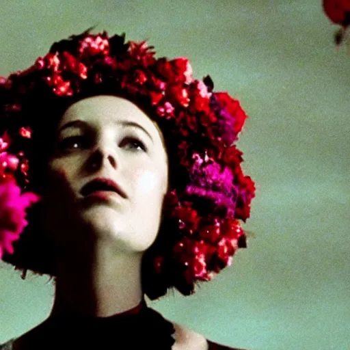 Image similar to movie still of the girl with the flowers head, cinematic composition, cinematic light, by edgar wright and david lynch, surrealist art