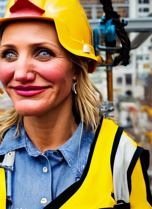 Prompt: closeup portrait of cheerful cameron diaz as a crane operator, yellow hardhat, sitting in a crane, natural light, bloom, detailed face, magazine, press, photo, steve mccurry, david lazar, canon, nikon, focus