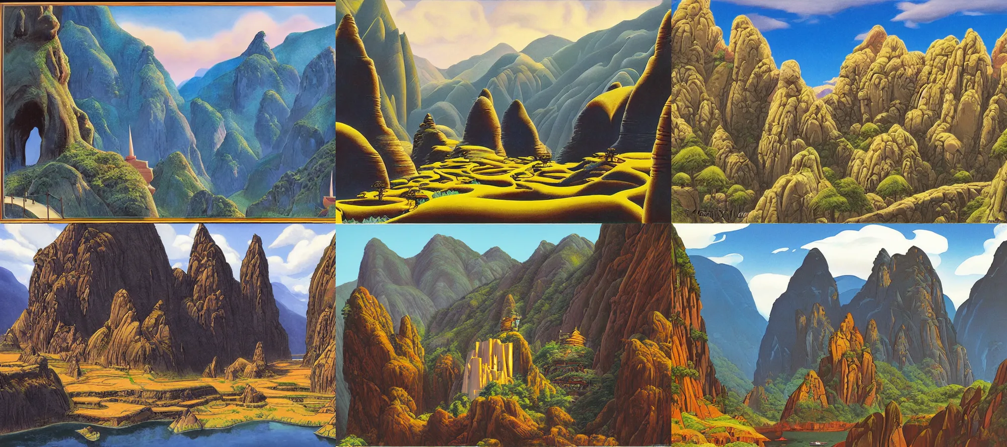 Prompt: Paro Taktsang landscape in the style of Dr. Seuss, starships, painting by Ralph McQuarrie