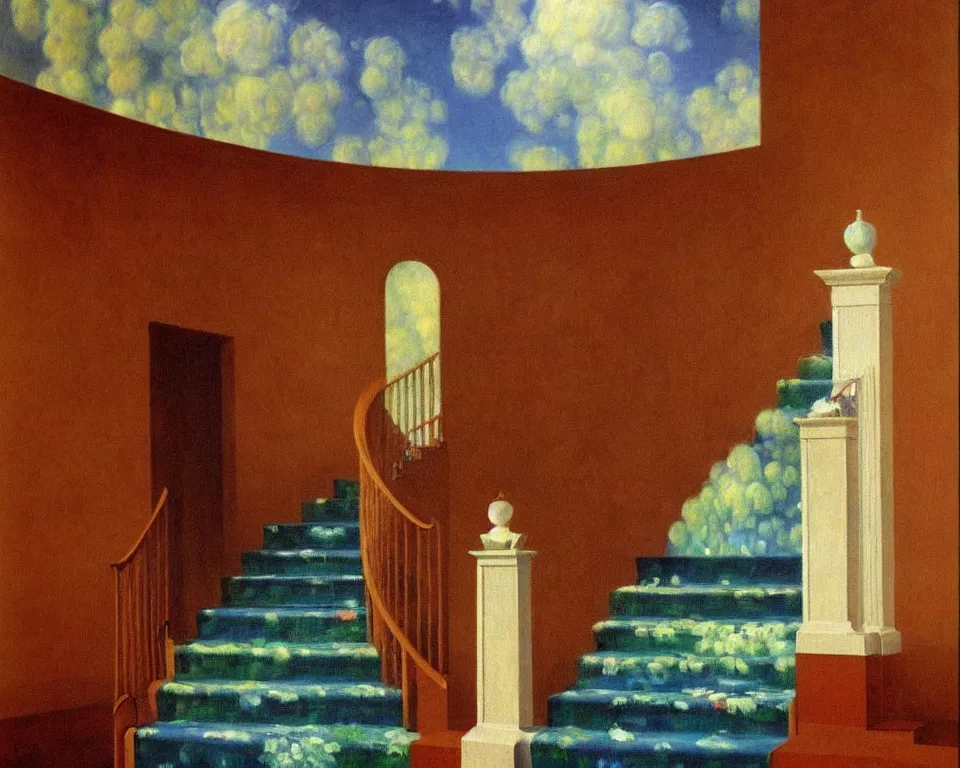 Image similar to achingly beautiful painting of a sophisticated, well - decorated, modern staircase by rene magritte, monet, and turner.