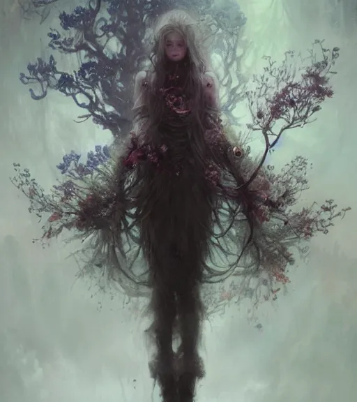 Prompt: a beautiful terrifying but sad female portrait black eyes twisted trees, crying tears, butterfly, blooming made of flowers. ethereal horror fantasy art by greg rutkowski and raymond swanland and monet, ruan jia, wlop. scifi, fantasy, hyper detailed, octane render, concept art, by peter mohrbacher, by wlop, by ruan jia