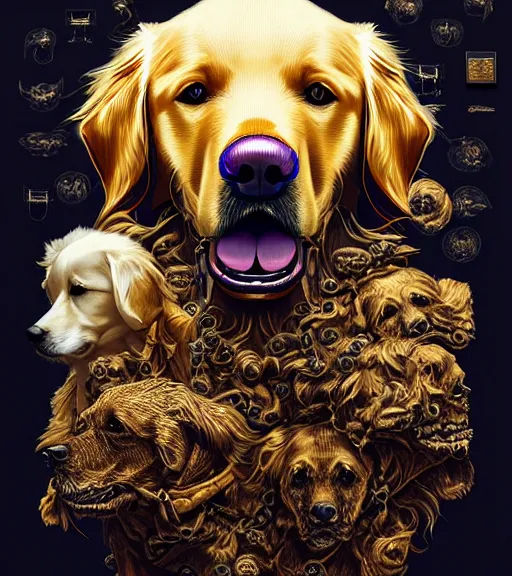 Prompt: portrait, nightmare anomalies, golden retriever by dariusz zawadzki, kenneth blom, mental alchemy, james jean, pablo amaringo, naudline pierre, contemporary art, hyper detailed