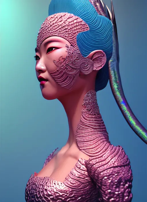 Image similar to 3 d goddess waist shot portrait. beautiful intricate highly detailed korean dokkaebi mask and traditional korean hanbok. elegant stingray, magpie, iridescent, plasma, lava, ice, water, wind, creature, volumetric lighting, twilight, artwork by tooth wu and wlop and beeple and greg rutkowski, 8 k trending on artstation,