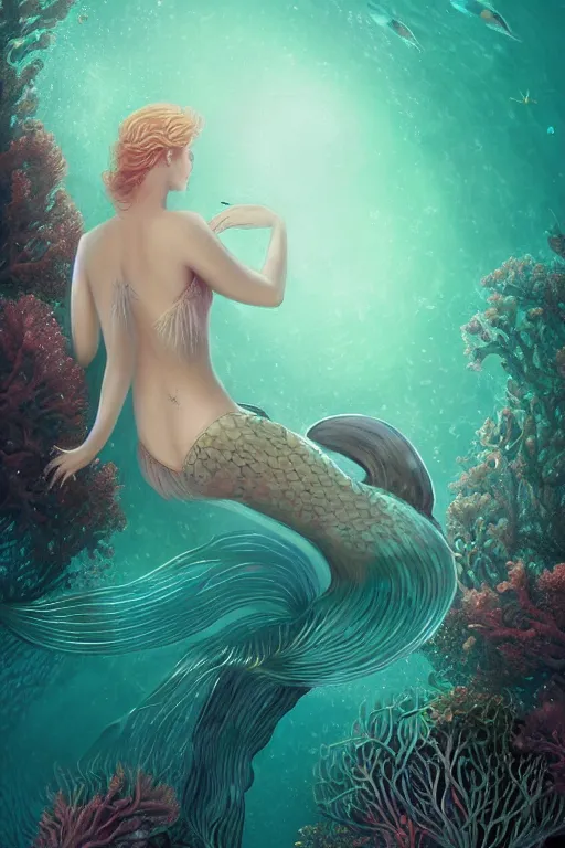 Prompt: beautiful elegant mermaid swimming through bioluminescent algae coral reefs by charlie bowater, ultra detailed, 8 k, intricate